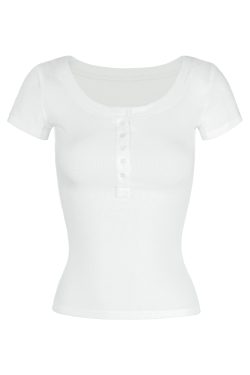 Basic U-Neck Slim Fit Stretch Short Sleeve Top with Henry Collar - Versatile Essential for Casual and Smart Outfits