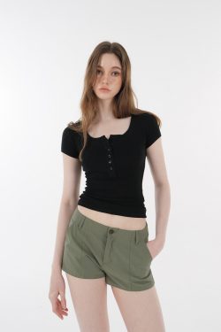 Basic U-Neck Slim Fit Stretch Short Sleeve Top with Henry Collar - Versatile Essential for Casual and Smart Outfits