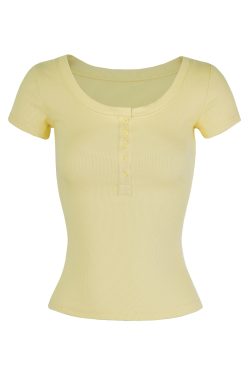 Basic U-Neck Slim Fit Stretch Short Sleeve Top with Henry Collar - Versatile Essential for Casual and Smart Outfits
