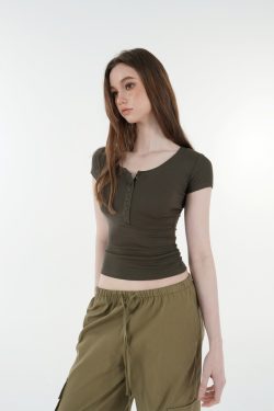 Basic U-Neck Slim Fit Stretch Short Sleeve Top with Henry Collar - Versatile Essential for Casual and Smart Outfits