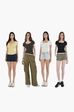 Basic U-Neck Slim Fit Stretch Short Sleeve Top with Henry Collar - Versatile Essential for Casual and Smart Outfits