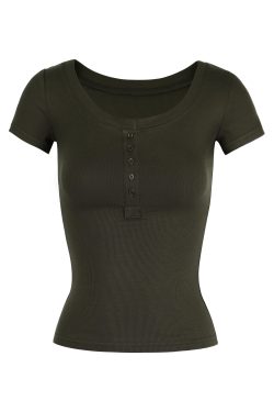 Basic U-Neck Slim Fit Stretch Short Sleeve Top with Henry Collar - Versatile Essential for Casual and Smart Outfits