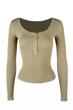 Basic U-Neck Stretch Slim Fit Long Sleeve Henley T-Shirt - Casual Essential for Everyday Wear