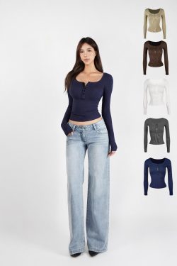 Basic U-Neck Stretch Slim Fit Long Sleeve Henley T-Shirt - Casual Essential for Everyday Wear