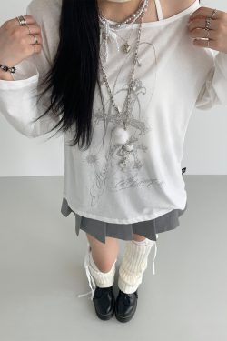 Basil Off-Shoulder One-Shoulder Sheer Long Sleeve Cold Shoulder Top for Sun Protection - Trendy Original Print Fashion Top