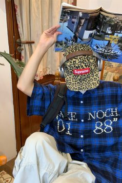 Beaded Plaid Shirt for Men and Women, Summer Loose Fit Couple Streetwear, Vintage Pearl Design, 90s Inspired Fashion