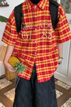 Beaded Plaid Shirt for Men and Women, Summer Loose Fit Couple Streetwear, Vintage Pearl Design, 90s Inspired Fashion