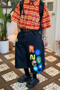 Beaded Plaid Shirt for Men and Women, Summer Loose Fit Couple Streetwear, Vintage Pearl Design, 90s Inspired Fashion