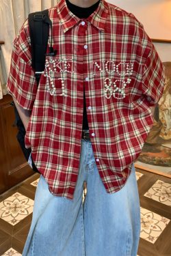 Beaded Plaid Shirt for Men and Women, Summer Loose Fit Couple Streetwear, Vintage Pearl Design, 90s Inspired Fashion