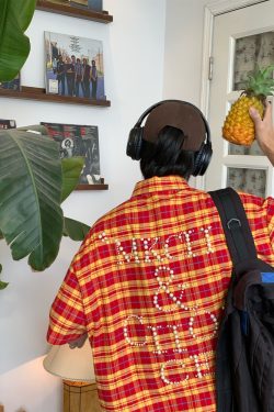 Beaded Plaid Shirt for Men and Women, Summer Loose Fit Couple Streetwear, Vintage Pearl Design, 90s Inspired Fashion