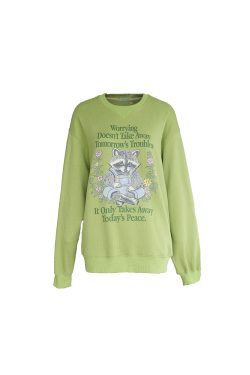 Bear Apocalypse Green Retro Printed Sweatshirt for Women - Vintage Style Thick Pullover for Spring and Autumn Fashion
