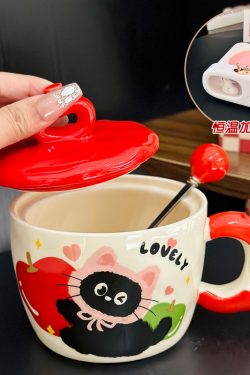 Beautiful Ceramic Apple Mug with Lid and Spoon - Perfect Gift for Girls, Ideal for Birthdays and New Year Celebrations