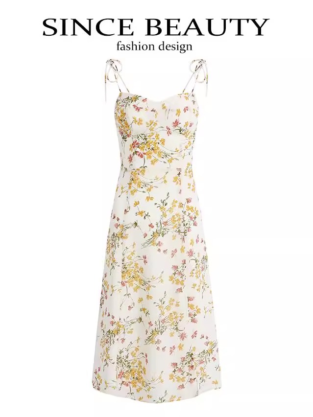 Beige Floral Spaghetti Strap Dress with Side Slit - French Style Summer Vacation Long Dress for Women 2025 Beige Floral Spaghetti Strap Dress with Side Slit - French Style Summer Vacation Long Dress for Women 2025
