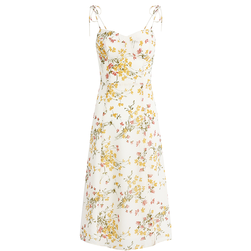Beige Floral Spaghetti Strap Dress with Side Slit - French Style Summer Vacation Long Dress for Women 2025 Beige Floral Spaghetti Strap Dress with Side Slit - French Style Summer Vacation Long Dress for Women 2025