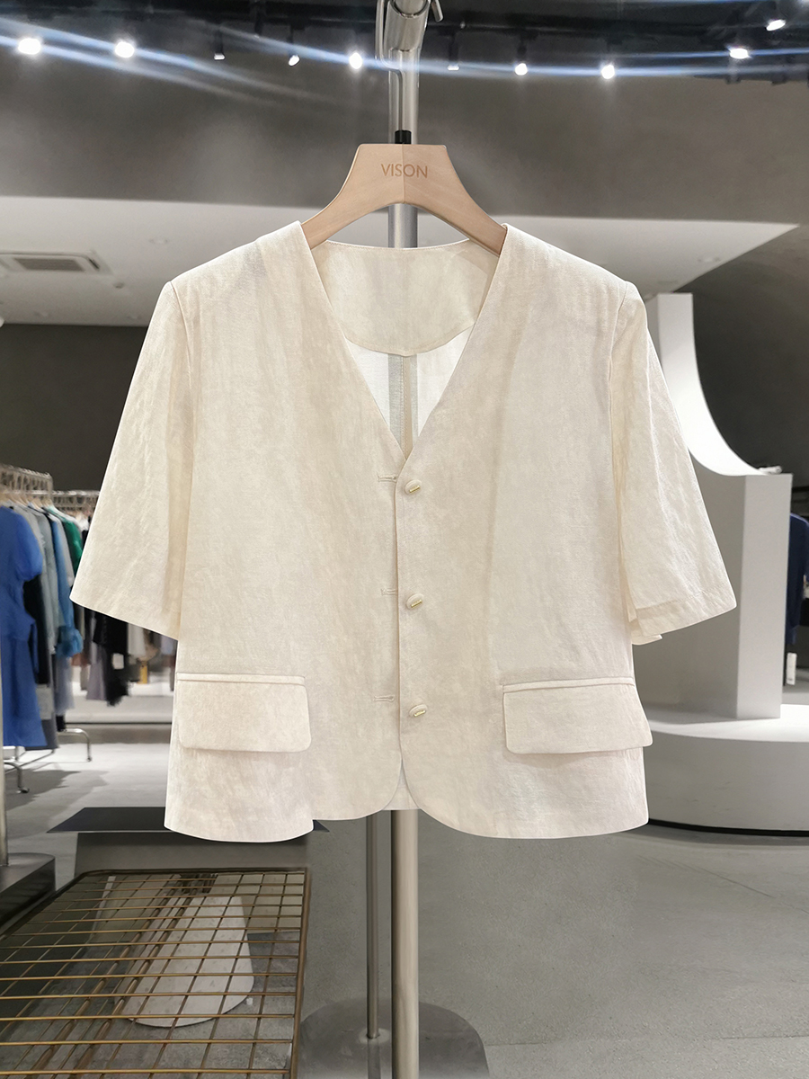 Beige French Chic Linen Short-Sleeve Coat for Women - 2025 Summer Petite Fashion Top Beige French Chic Linen Short-Sleeve Coat for Women - 2025 Summer Petite Fashion Top