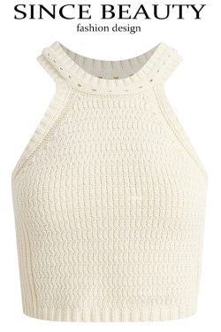 Beige Knitted Halter Top - Summer 2025 Fashion, Trendy Y2K Style for Women