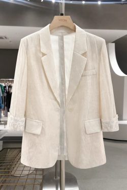 Beige Lace Patchwork Thin Blazer for Women - 2025 Summer Collection, Fashionable Mature Style Suit, Elegant Layering Piece