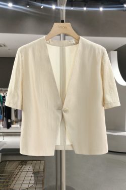 Beige Lightweight V-Neck Thin Jacket for Women - Luxury Acetate Glossy Short Top, 2025 Summer Fashion, Elegant and Stylish