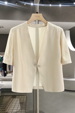 Beige Lightweight V-Neck Thin Jacket for Women - Luxury Acetate Glossy Short Top, 2025 Summer Fashion, Elegant and Stylish