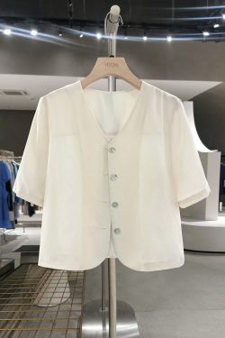 Beige Minimalist Short Sleeve V-Neck Shirt for Women - Versatile Thin Summer Jacket, Exquisite Trendy Top 2025