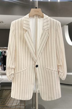 Beige Striped Three-Quarter Sleeve Blazer for Women - 2025 Summer Korean Style Commuter Fashion with High-End Feel