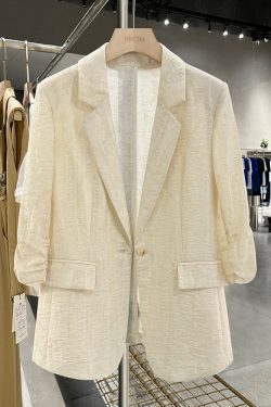 Beige Vintage Lightweight Suit Jacket for Women - 2025 Summer Slimming Pleated Blazer, Fashionable & Versatile 90s Style
