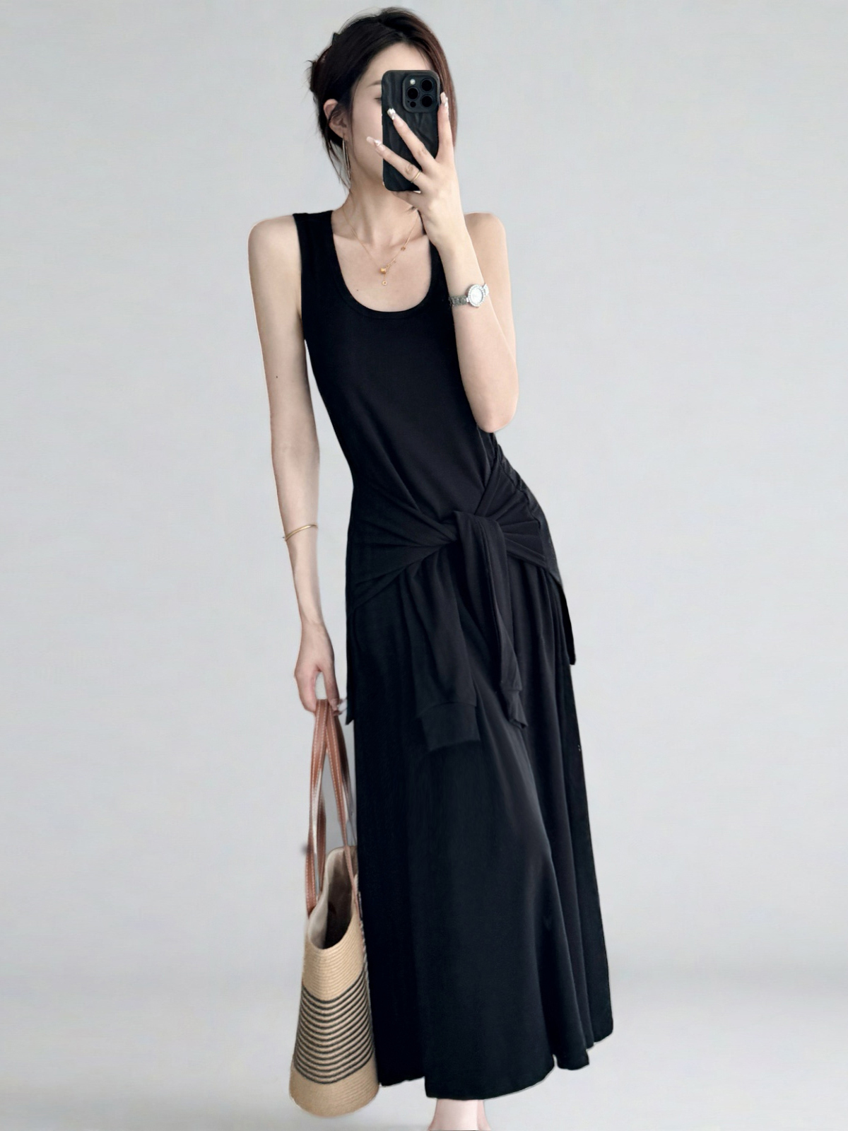 Belted Multi-Wear Vest Dress, Tie-Up, Slimming Draped Design, Large Hem, Long Summer Dress for 2025, Perfect for Y2K and Trendy Styles Belted Multi-Wear Vest Dress, Tie-Up, Slimming Draped Design, Large Hem, Long Summer Dress for 2025, Perfect for Y2K and Trendy Styles