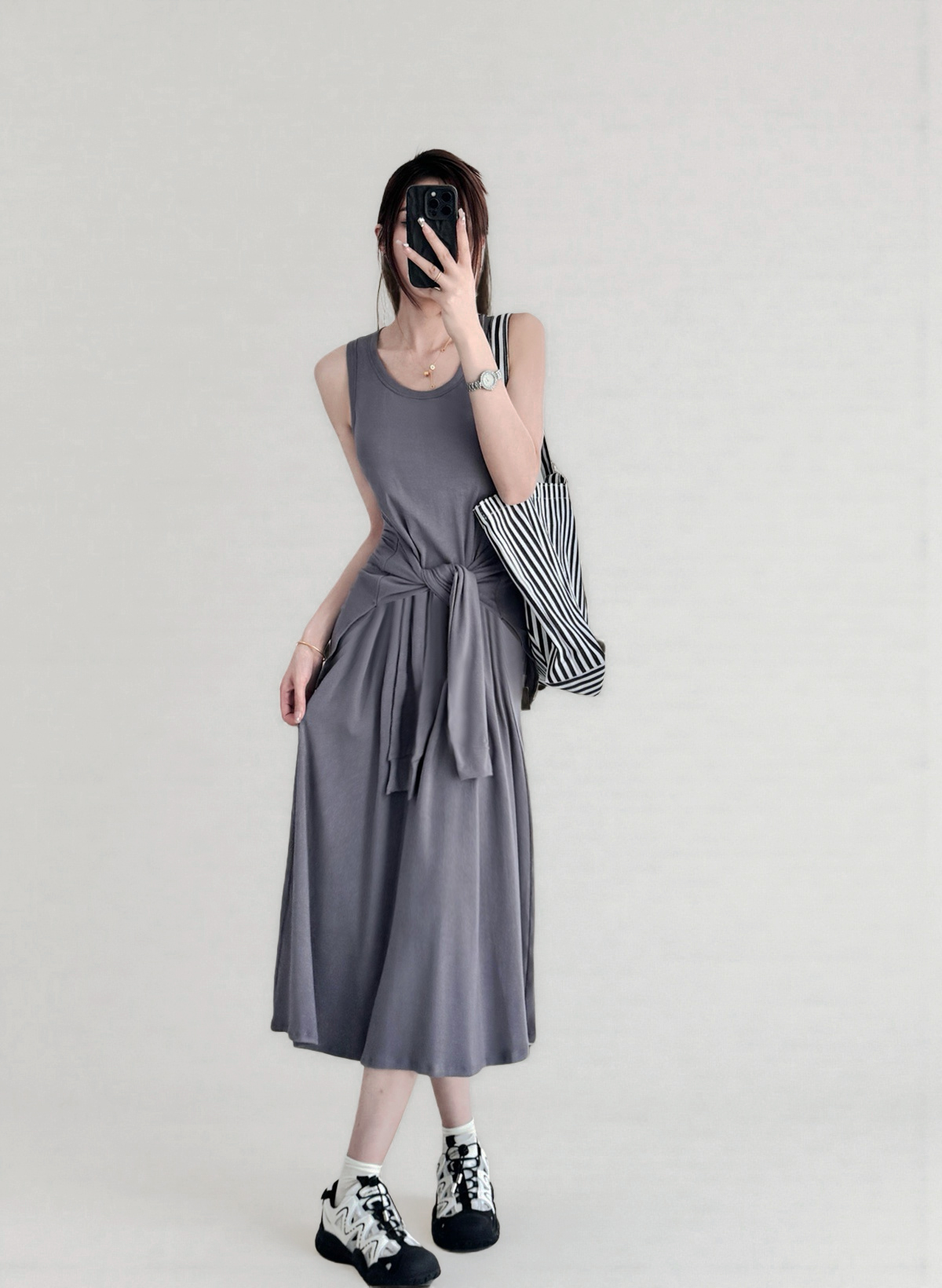 Belted Multi-Wear Vest Dress, Tie-Up, Slimming Draped Design, Large Hem, Long Summer Dress for 2025, Perfect for Y2K and Trendy Styles Belted Multi-Wear Vest Dress, Tie-Up, Slimming Draped Design, Large Hem, Long Summer Dress for 2025, Perfect for Y2K and Trendy Styles