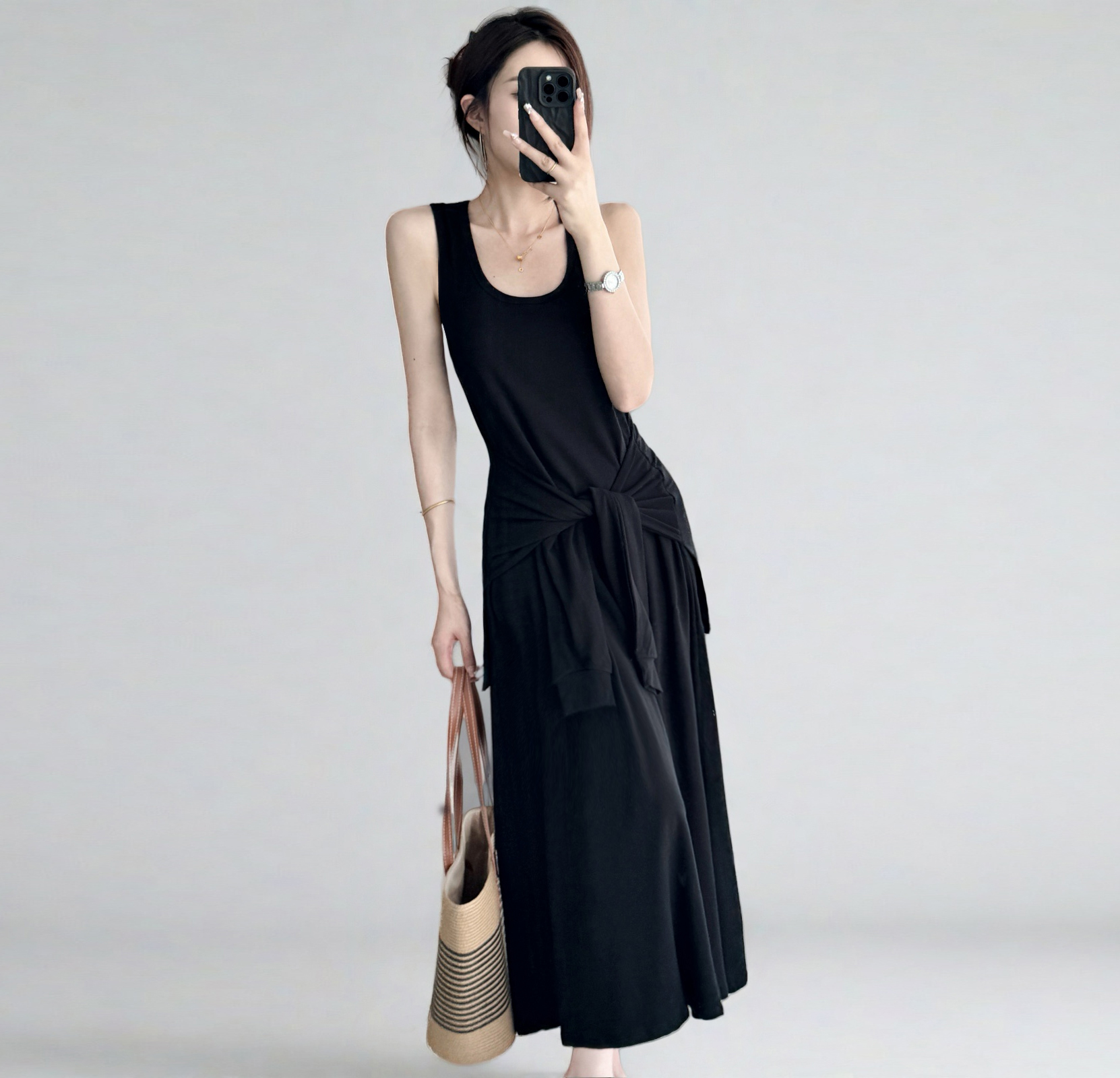 Belted Multi-Wear Vest Dress, Tie-Up, Slimming Draped Design, Large Hem, Long Summer Dress for 2025, Perfect for Y2K and Trendy Styles Belted Multi-Wear Vest Dress, Tie-Up, Slimming Draped Design, Large Hem, Long Summer Dress for 2025, Perfect for Y2K and Trendy Styles