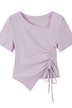 Berry Purple Irregular Waist Short Sleeve T-Shirt Blouse for Women - 2025 Summer Fashion, Trendy Casual Wear