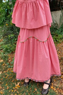 Berry Red Handmade Flower Vine Pavilion Shirt and Long A-Line Skirt Set for Women - Vintage Spring Floral Outfit