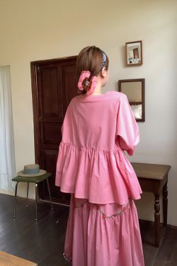 Berry Red Handmade Flower Vine Pavilion Shirt and Long A-Line Skirt Set for Women - Vintage Spring Floral Outfit