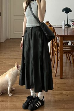 Black A-Line Work Skirt for Women - Mid-Length Slimming Umbrella Skirt for Pear-Shaped Figures - Summer 2025 Fashion