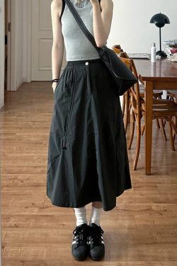 Black A-Line Work Skirt for Women - Mid-Length Slimming Umbrella Skirt for Pear-Shaped Figures - Summer 2025 Fashion