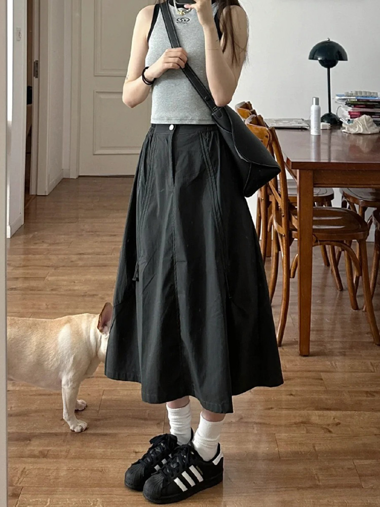 Black A-Line Work Skirt for Women - Mid-Length Slimming Umbrella Skirt for Pear-Shaped Figures - Summer 2025 Fashion Black A-Line Work Skirt for Women - Mid-Length Slimming Umbrella Skirt for Pear-Shaped Figures - Summer 2025 Fashion