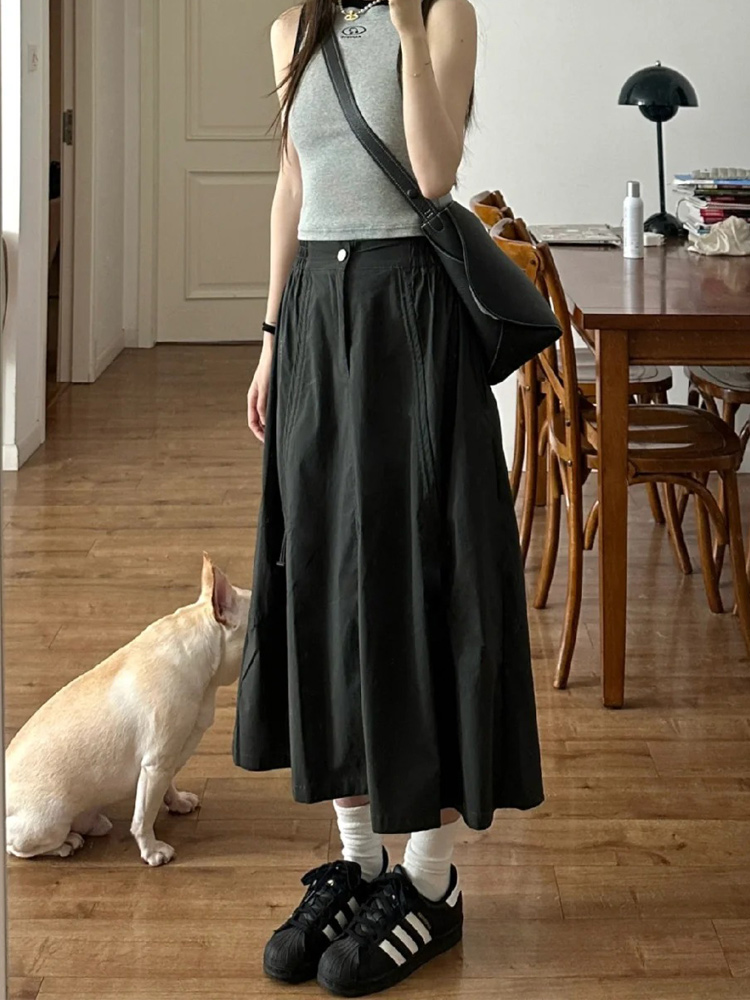 Black A-Line Work Skirt for Women - Mid-Length Slimming Umbrella Skirt for Pear-Shaped Figures - Summer 2025 Fashion Black A-Line Work Skirt for Women - Mid-Length Slimming Umbrella Skirt for Pear-Shaped Figures - Summer 2025 Fashion