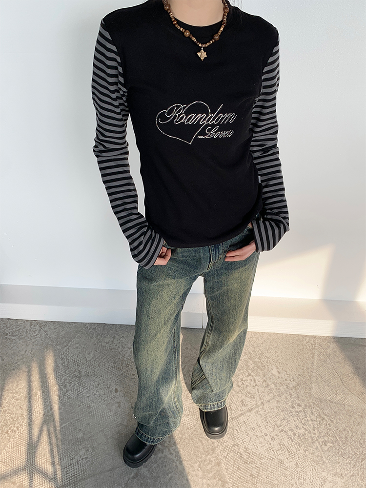 Black and Gray Color-Blocked Striped Casual Slim-Fit Knitted Long Sleeve Top Tee for Y2K and 90s Style Fashion Black and Gray Color-Blocked Striped Casual Slim-Fit Knitted Long Sleeve Top Tee for Y2K and 90s Style Fashion