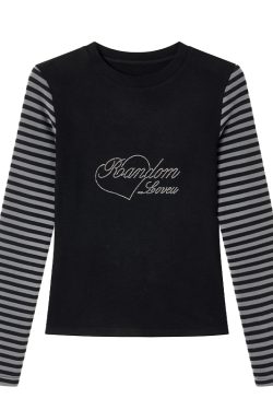 Black and Gray Color-Blocked Striped Casual Slim-Fit Knitted Long Sleeve Top Tee for Y2K and 90s Style Fashion