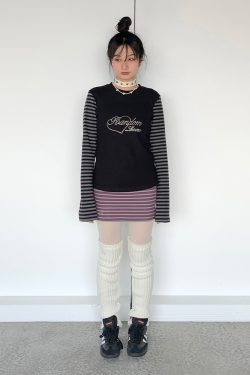 Black and Gray Color-Blocked Striped Casual Slim-Fit Knitted Long Sleeve Top Tee for Y2K and 90s Style Fashion