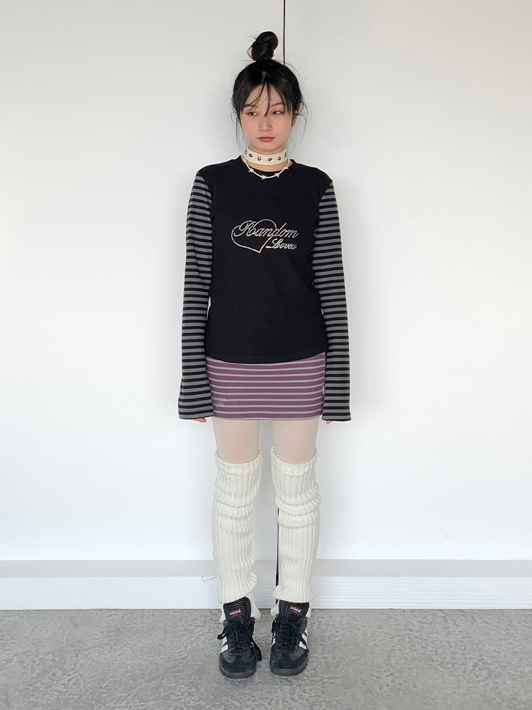 Black and Gray Color-Blocked Striped Casual Slim-Fit Knitted Long Sleeve Top Tee for Y2K and 90s Style Fashion Black and Gray Color-Blocked Striped Casual Slim-Fit Knitted Long Sleeve Top Tee for Y2K and 90s Style Fashion