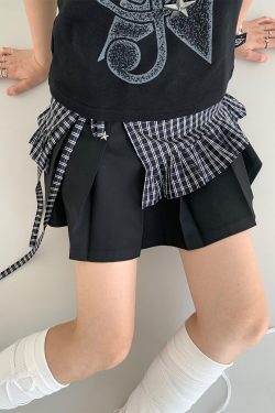 Black and White Checkered Handmade Pleated Lace One-Piece Tie Layered Skirt - Trendy Y2K Fashion Statement