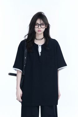 Black and White Color-Block Short Sleeve T-Shirt for Women - Fake Two-Piece Design, Round Neck, Heavy Loose Fit, Summer Style