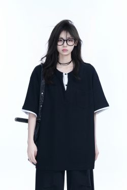 Black and White Color-Block Short Sleeve T-Shirt for Women - Fake Two-Piece Design, Round Neck, Heavy Loose Fit, Summer Style