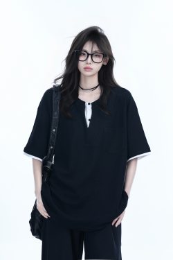 Black and White Color-Block Short Sleeve T-Shirt for Women - Fake Two-Piece Design, Round Neck, Heavy Loose Fit, Summer Style