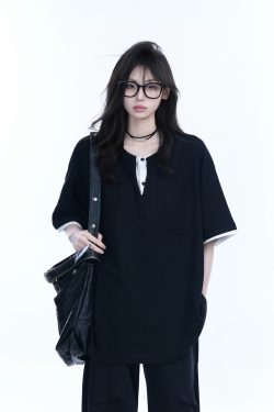 Black and White Color-Block Short Sleeve T-Shirt for Women - Fake Two-Piece Design, Round Neck, Heavy Loose Fit, Summer Style