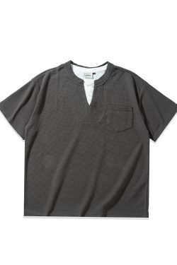 Black and White Color-Block Short Sleeve T-Shirt for Women - Fake Two-Piece Design, Round Neck, Heavy Loose Fit, Summer Style