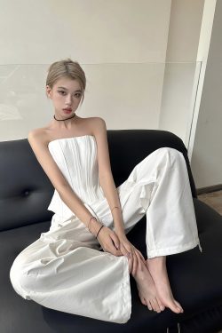 Black and White Fishbone Strapless Top with Waist-Cinching Design and Straight-Leg Parachute Pants for Cool Y2K Workwear Style