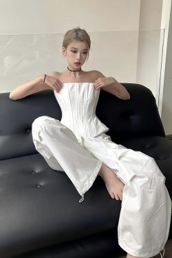 Black and White Fishbone Strapless Top with Waist-Cinching Design and Straight-Leg Parachute Pants for Cool Y2K Workwear Style