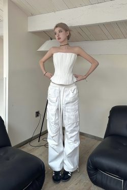 Black and White Fishbone Strapless Top with Waist-Cinching Design and Straight-Leg Parachute Pants for Cool Y2K Workwear Style