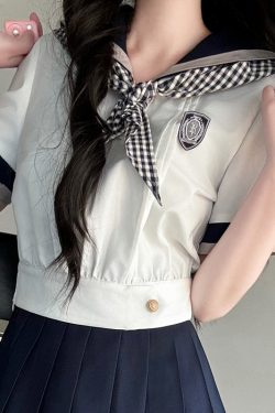 Black and White Plaid Women's Short Sleeve Sailor Suit - Summer JK Uniform with Navy Collar, Pudding Bear Inspired College Style